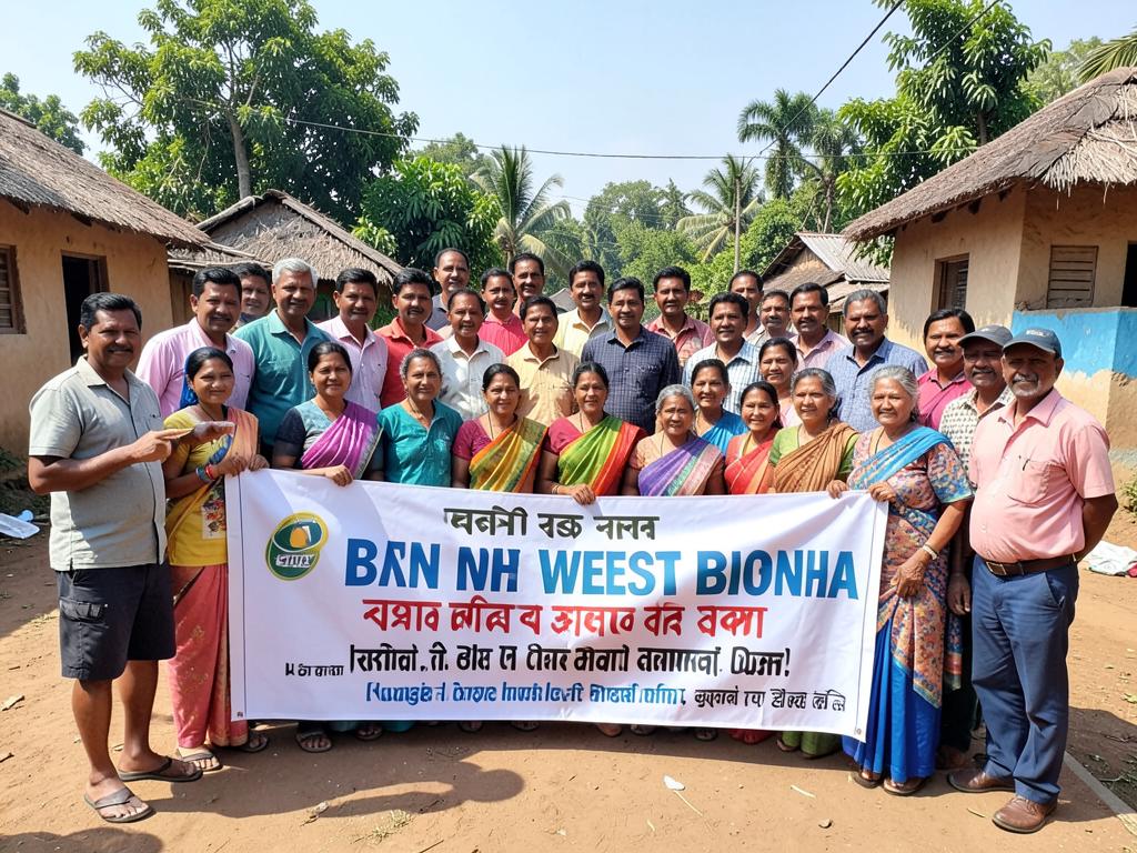 Volunteers and villagers gathered with a community banner